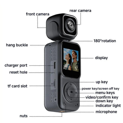 4K Dual lens Pocket Camera WIFI Vlog Camera Outdoor DV 180° Rotatable Anti-shake Bodycam Sports Action Portable Recorder Ai-TechWorld 