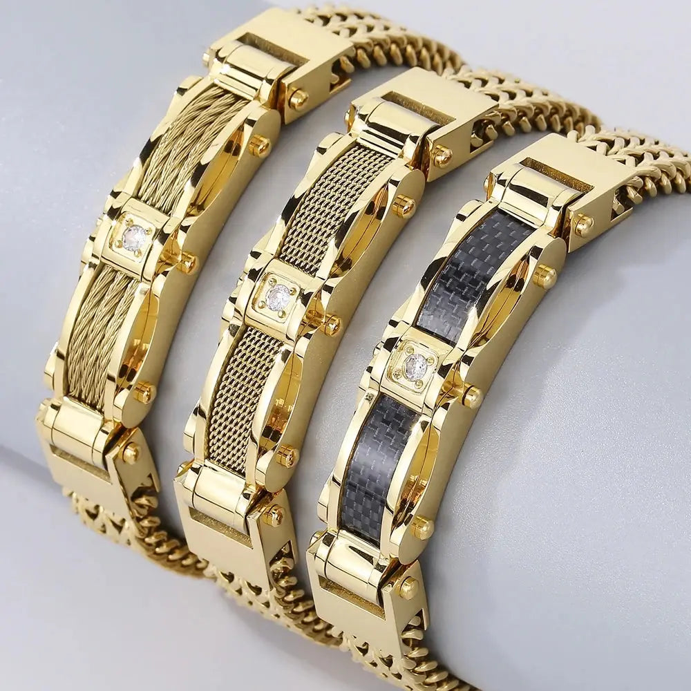 Luxury Bracelet for Men Gold 12MM Wide Stainless Steel Square Wrist Bracelets Ai-TechWorld 