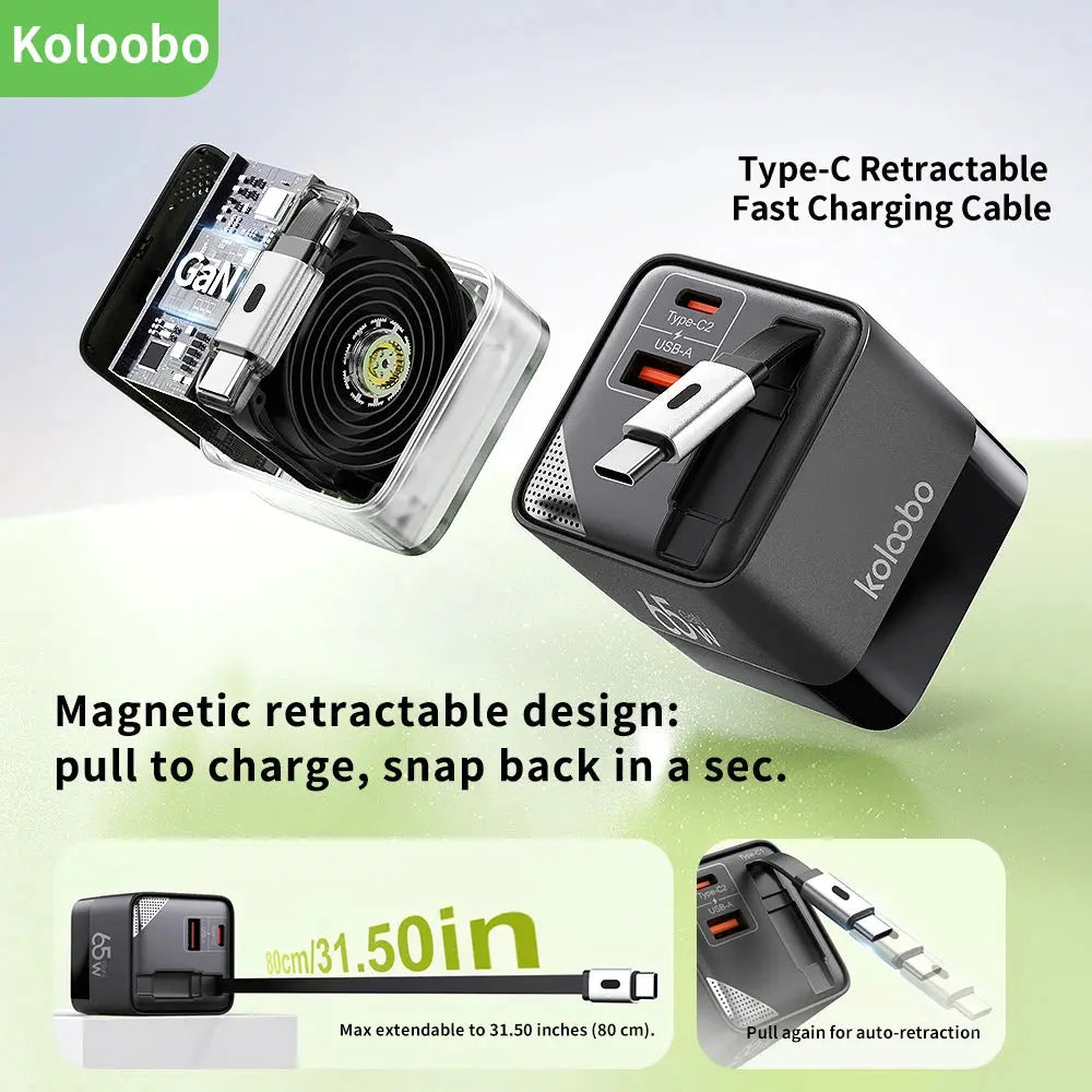 65W GaN Fast Charger Three-Port Charging Head Built-in 80cm Retractable TypeC Cable for iPhone16 15 14 13 Promax Xiaomi Samsung Ai-TechWorld 
