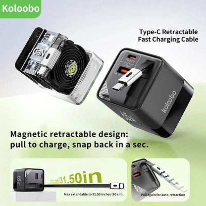 65W GaN Fast Charger Three-Port Charging Head Built-in 80cm Retractable TypeC Cable for iPhone16 15 14 13 Promax Xiaomi Samsung Ai-TechWorld 