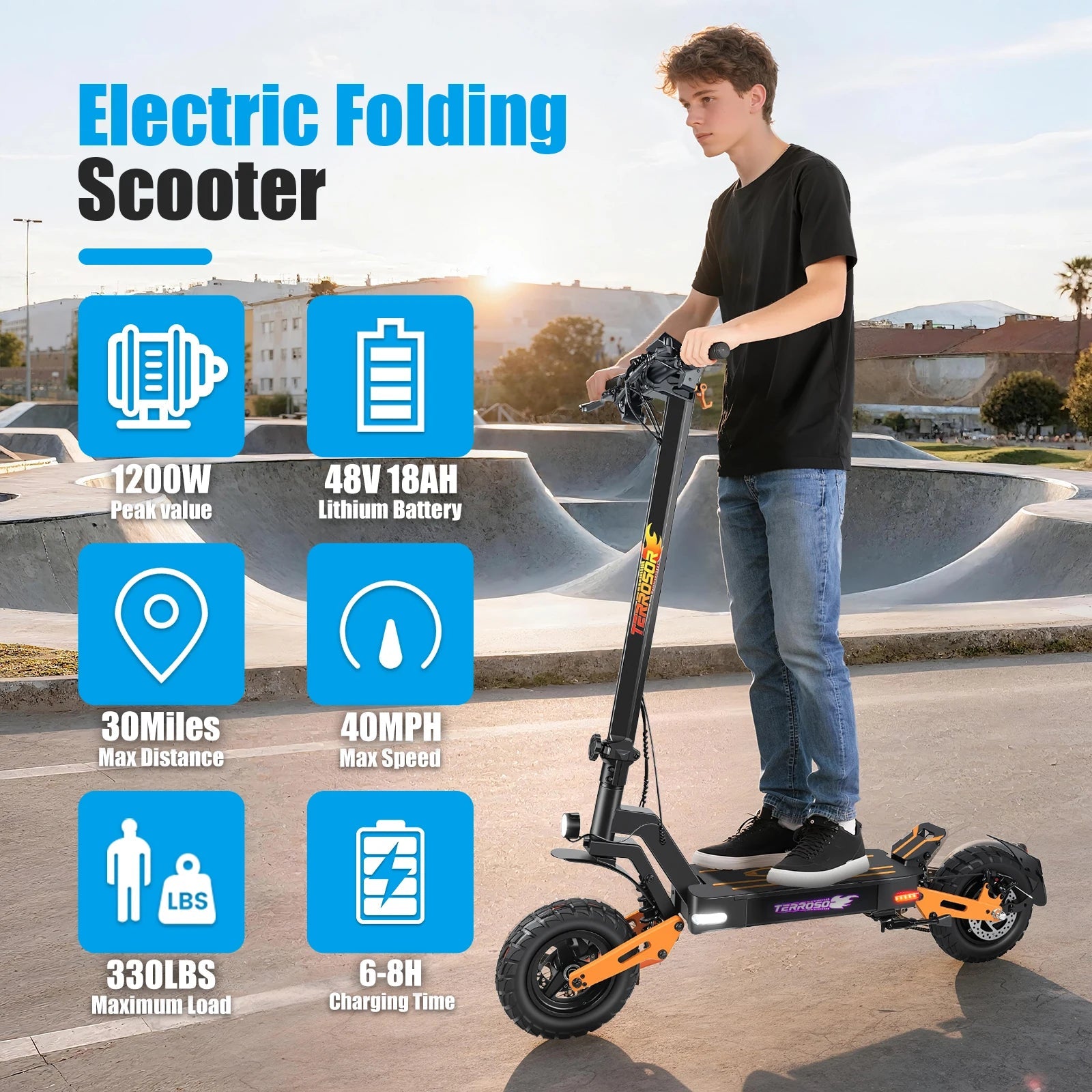 1200W Peak Motor Fold Adult Electric Scooter 48V 18AH 40MPH 11-inch off-roadTires Front and Rear Disc Brakes and Shock Absorbers Ai-TechWorld 