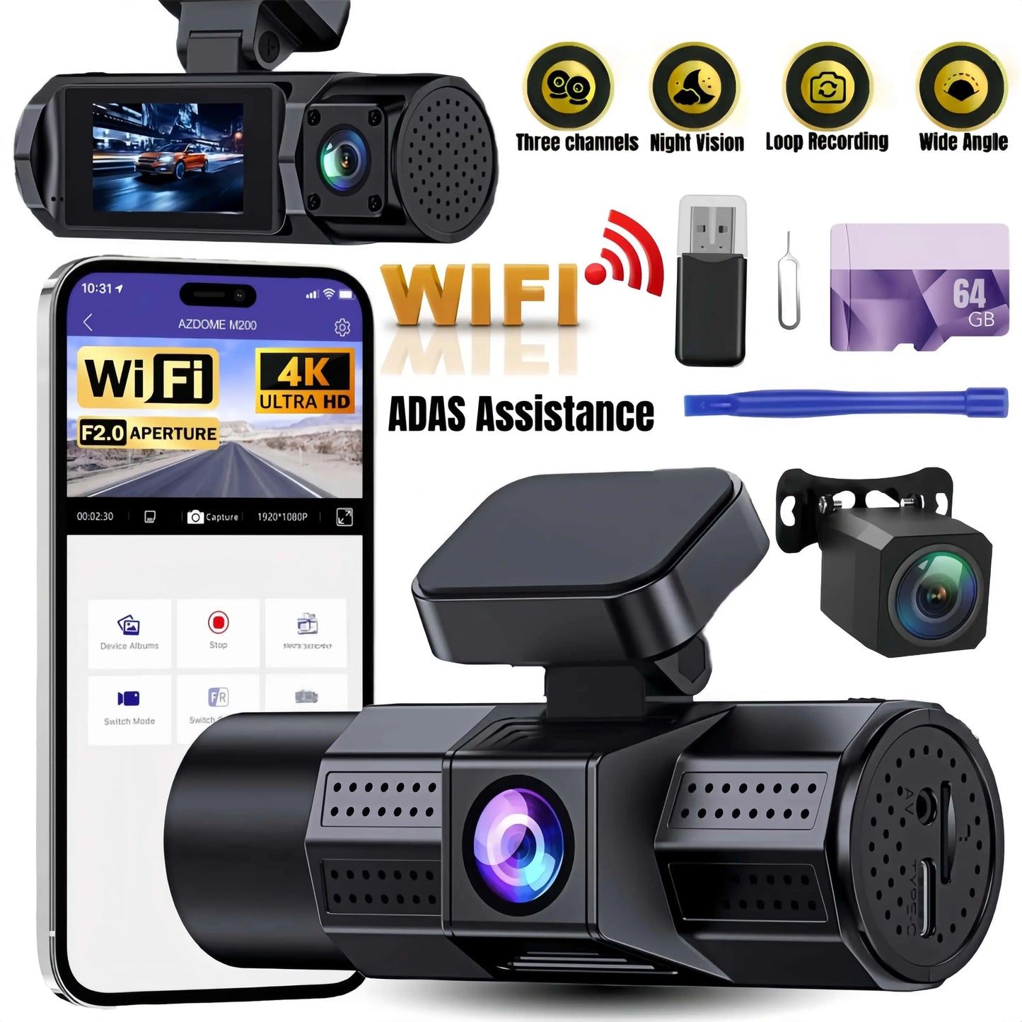 UHD 4K WiFi Dash Cam 3 Lens Driving Recorder Car DVR 1080P Rear Lens Camera  24H Parking Monitoring ADAS Function-oliday Gift Ai-TechWorld 