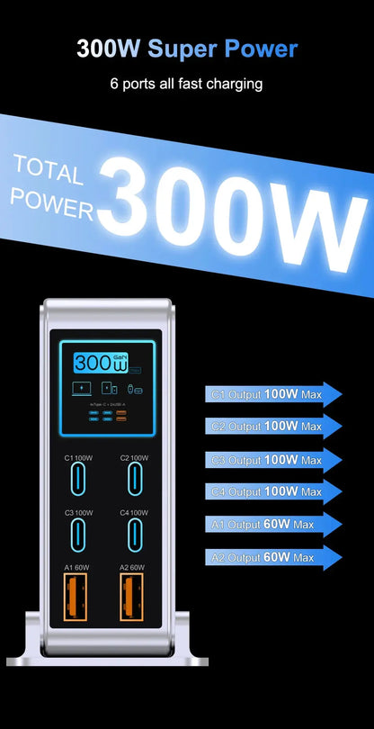 Ubigbuy 300W GaN Charger PPS PD 100W USB Type C 6-Port Digital Display Desktop Fast Charging Station for MacBook iPhone Samsung Ai-TechWorld 