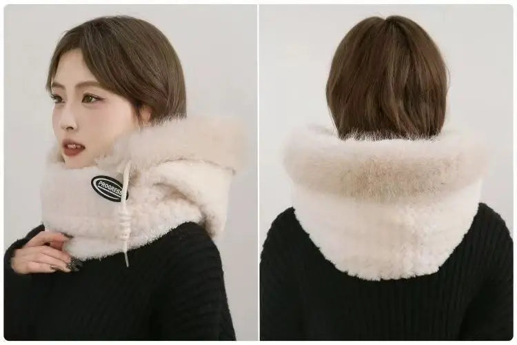 Autumn and Winter Women Thermal Plush Hat Hood Scarf and Mask Ear Protection Windproof Thick Design for Riding Outdoor Ai-TechWorld 