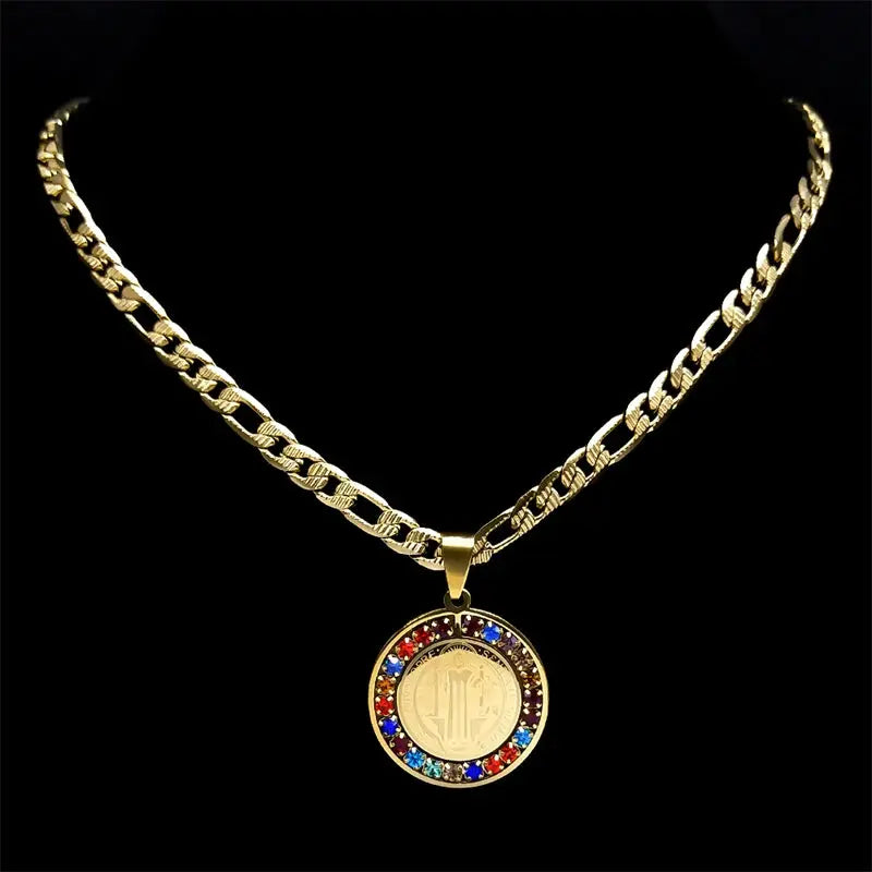 Colorful Crystal Saint Benedict Medal Necklace Women Men Stainless Steel Gold Color Chain Necklaces Jewelry San Benito N8391S05 Ai-TechWorld 
