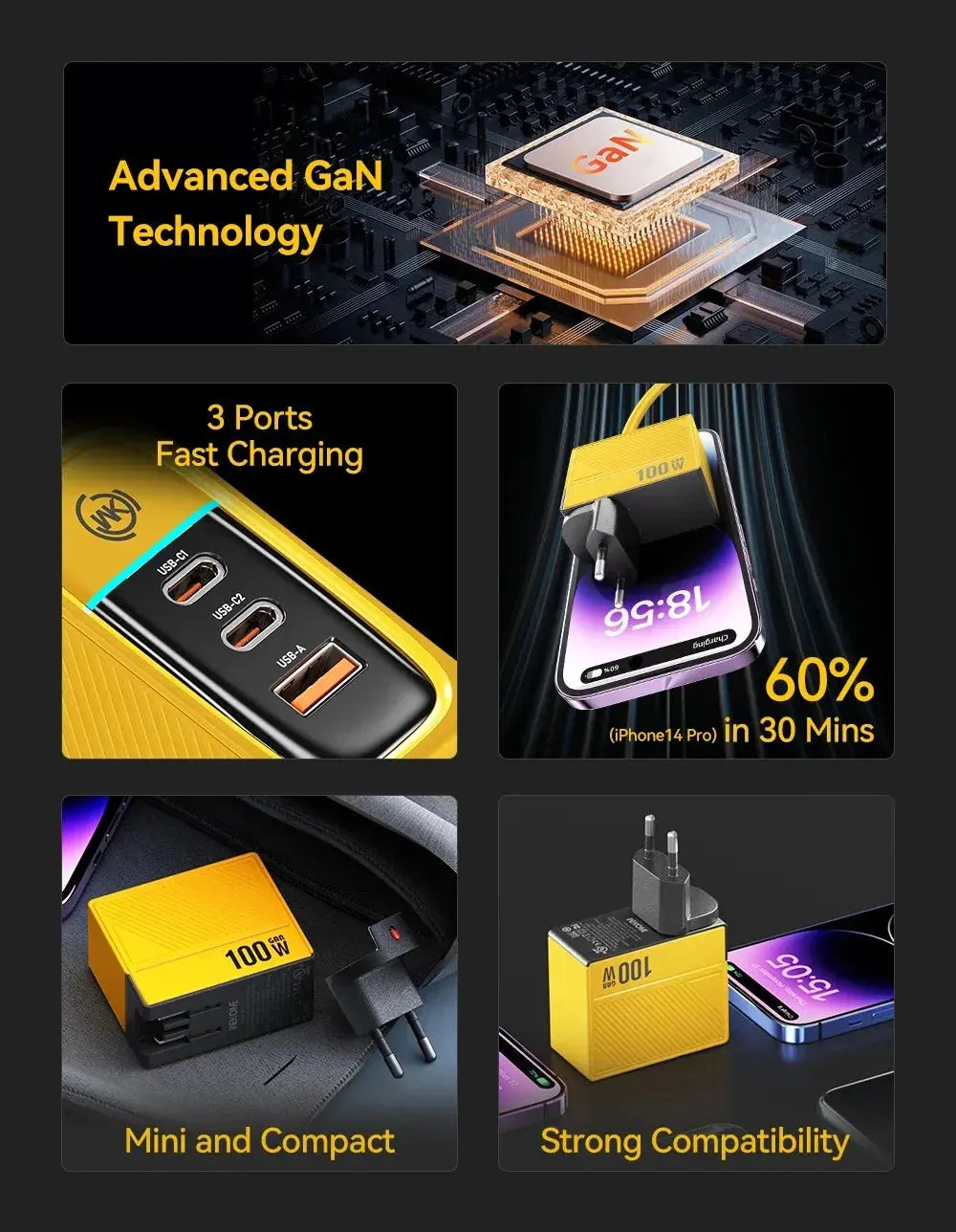 WEKOME GaN 100W Charger High Speed Fast Charging Type C Charger for Xiaomi 13 Samsung s23 ultra iPhone 15 pro max Macbook Pro Ai-TechWorld 