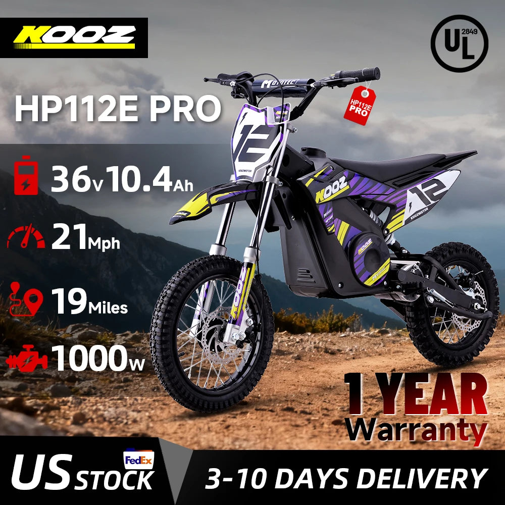 KOOZ HP112E PRO 36V 1000W Electric Motorcycle for Kids, Electric Dirt Bike Up to 20.6 MPH & 19 Miles Long-Range,UL 2849. Ai-TechWorld 