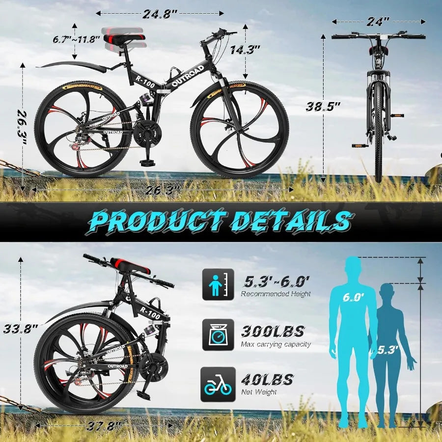 26 Inch Folding Mountain Bike with 21 Speeds and Full Suspension for Adults Featuring Dual Disc Brakes High Carbon Steel Frame Ai-TechWorld 