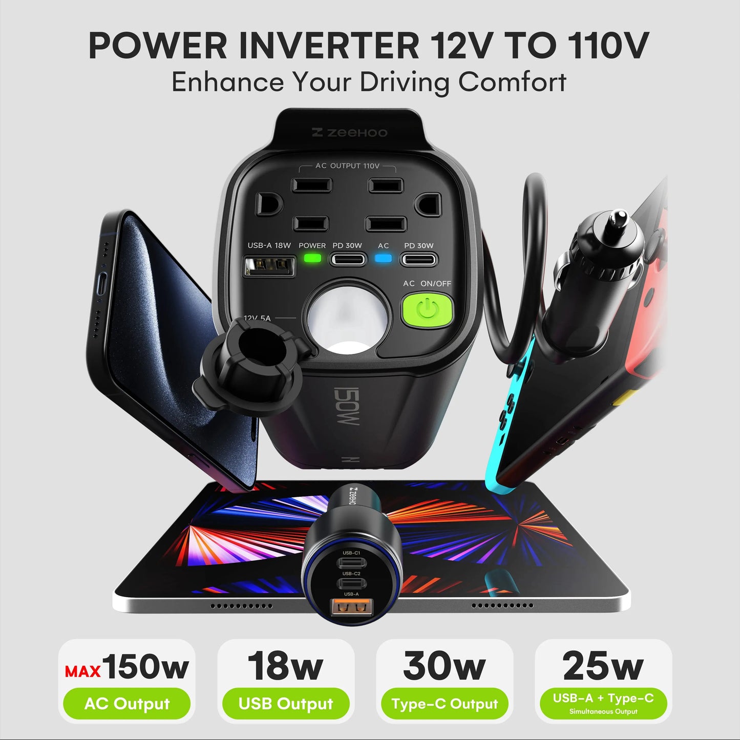 150W Car Power Inverter, 12V D/C To 110V AC Car Plug Adapter Outlet Converter, With 2 AC Outlets, A 18W USB A And Dual 30W PD Ca Ai-TechWorld 