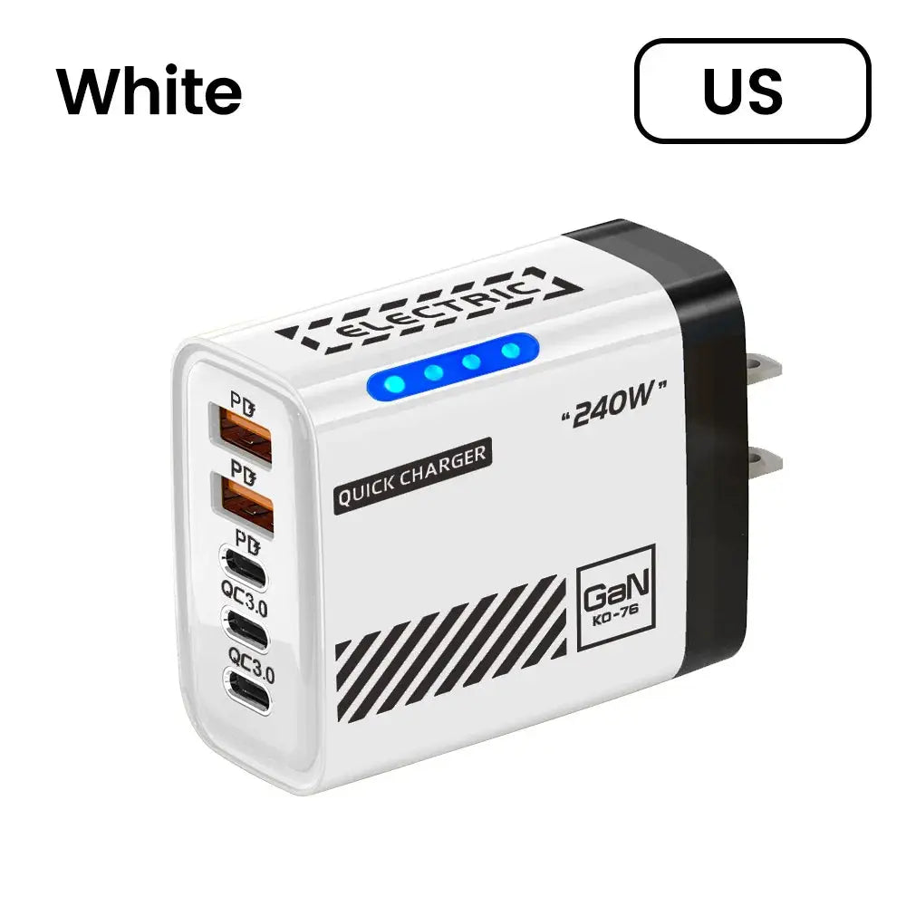 White quick charger with multiple USB ports on a white background