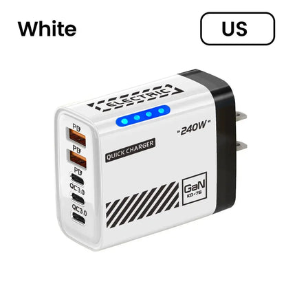 White quick charger with multiple USB ports on a white background