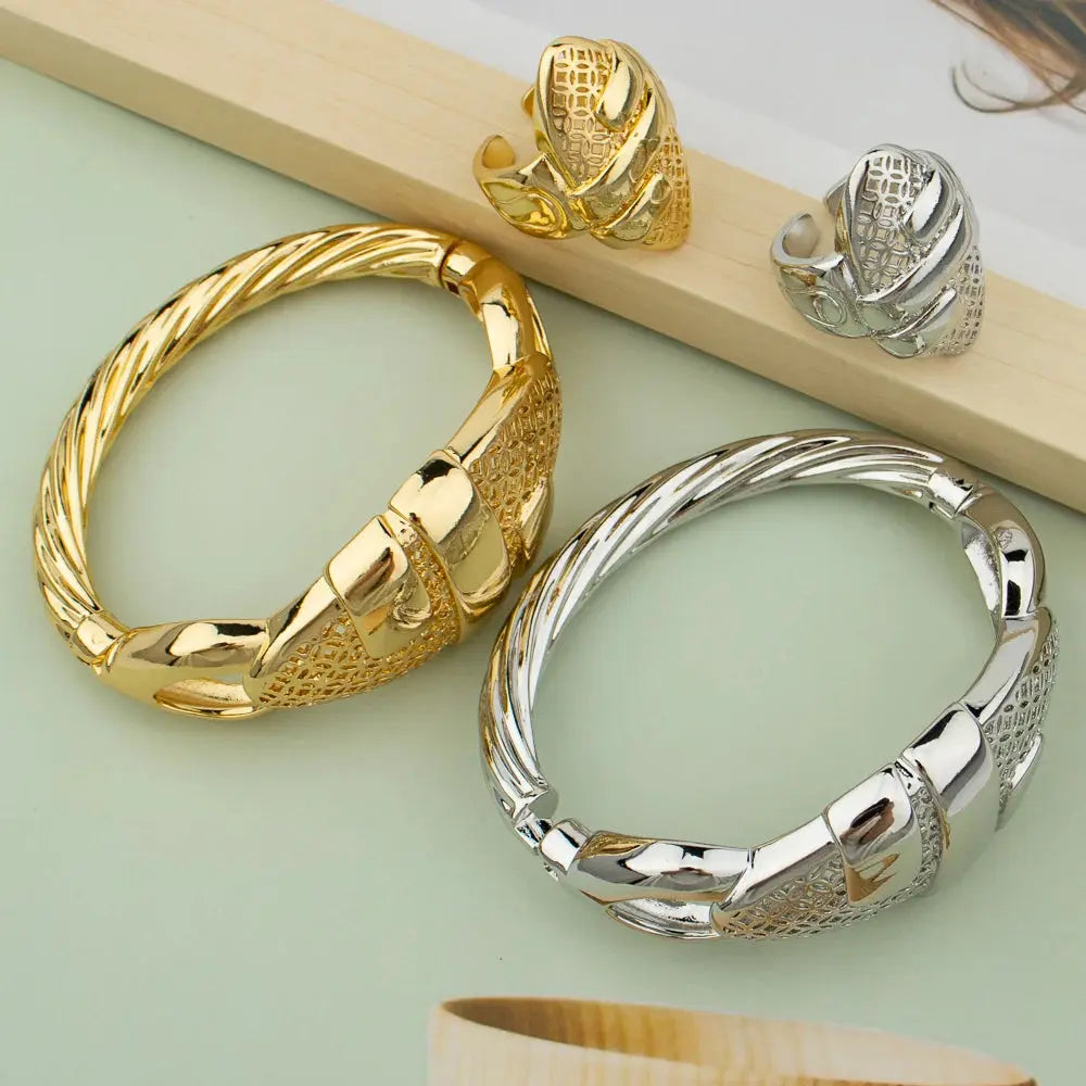 Cuff Bangle With Ring For Women 18K Gold Plated Bracelet Jewelry Nigerian Wedding Party Gift Dubai Hollow Out Design Bracelet Ai-TechWorld 