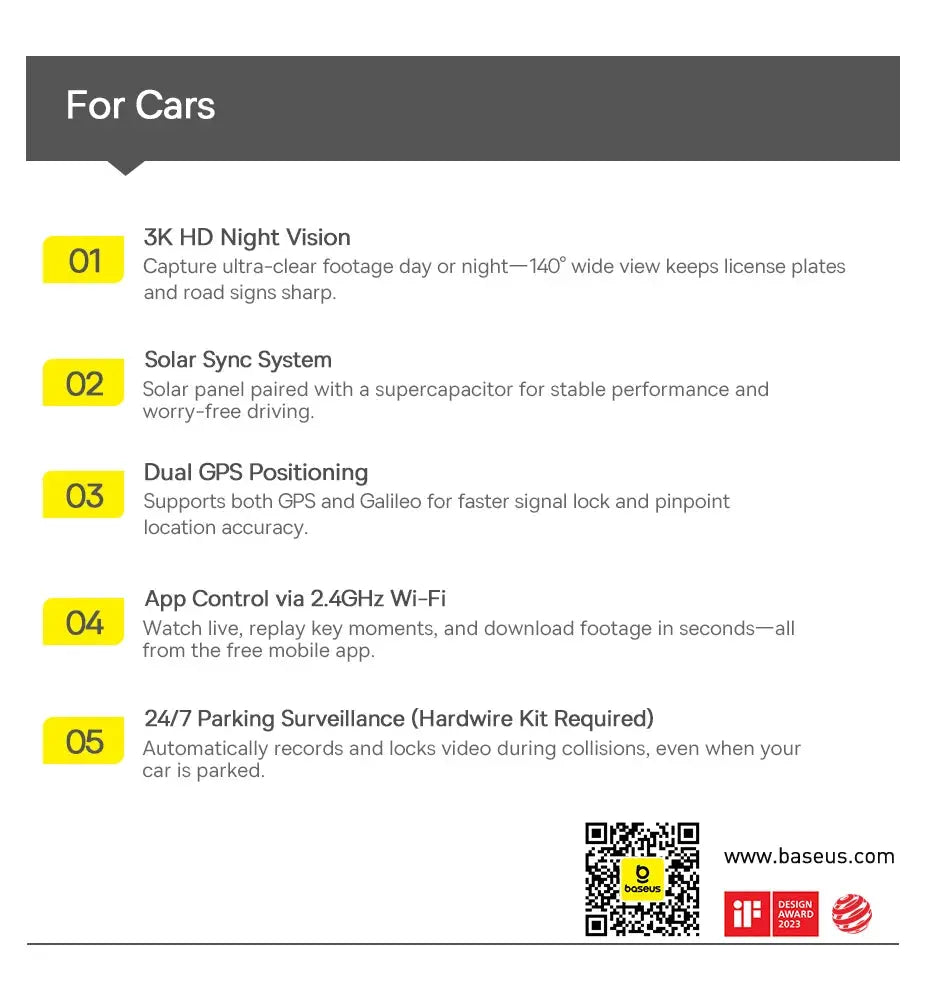 Baseus 3K Dash Cam VD1 Front and Rear Cam HD Built-in GPS Galileo Supercapacitor Car DVR Car Camera Recorder Support 24H Parking Ai-TechWorld 