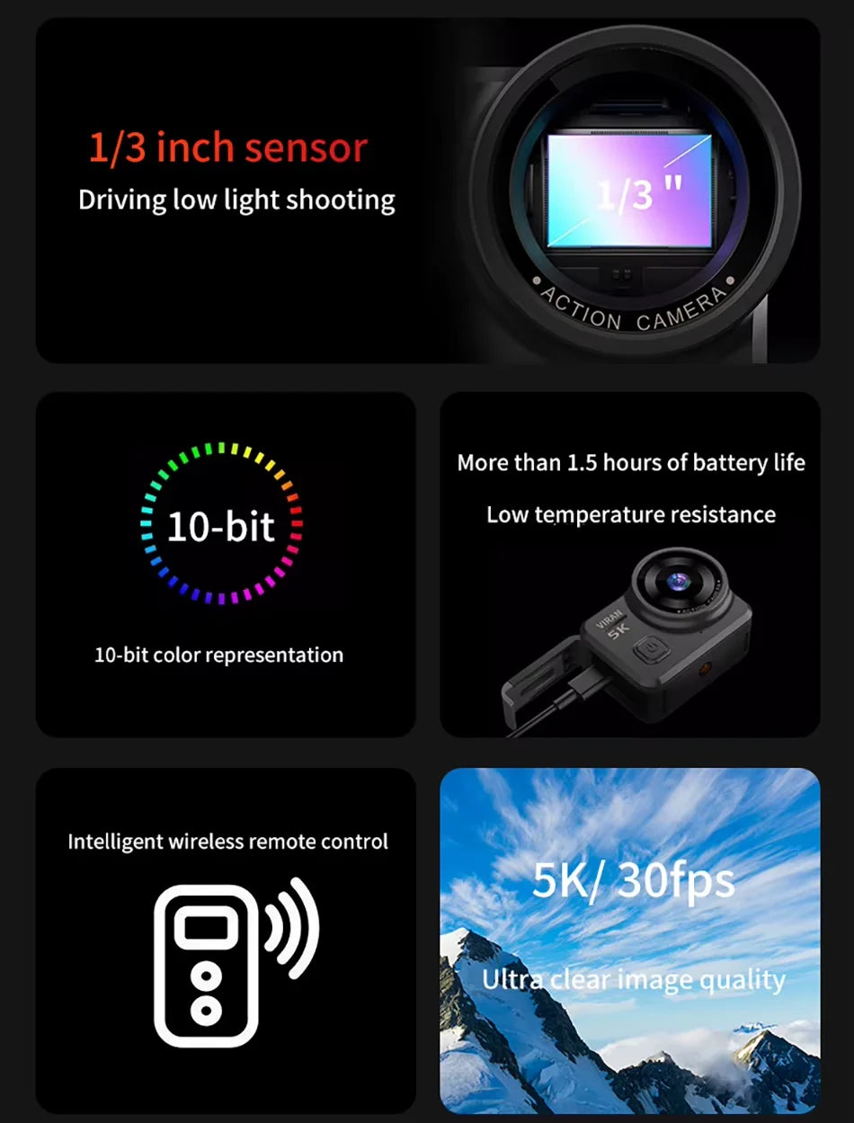 CERASTES V10 5K Action Camera Electronic Image Stabilization 2" Touch LCD 4K Waterproof Action Camera Dashcam Motion Detection Ai-TechWorld 