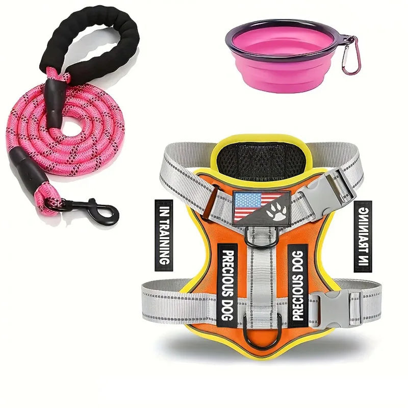 Service Dog Harness & Leash Set with 1pc Folding Bowl Reflective Adjustable Dog Vest Harness Soft Oxford Pet Harness For Small M Ai-TechWorld 