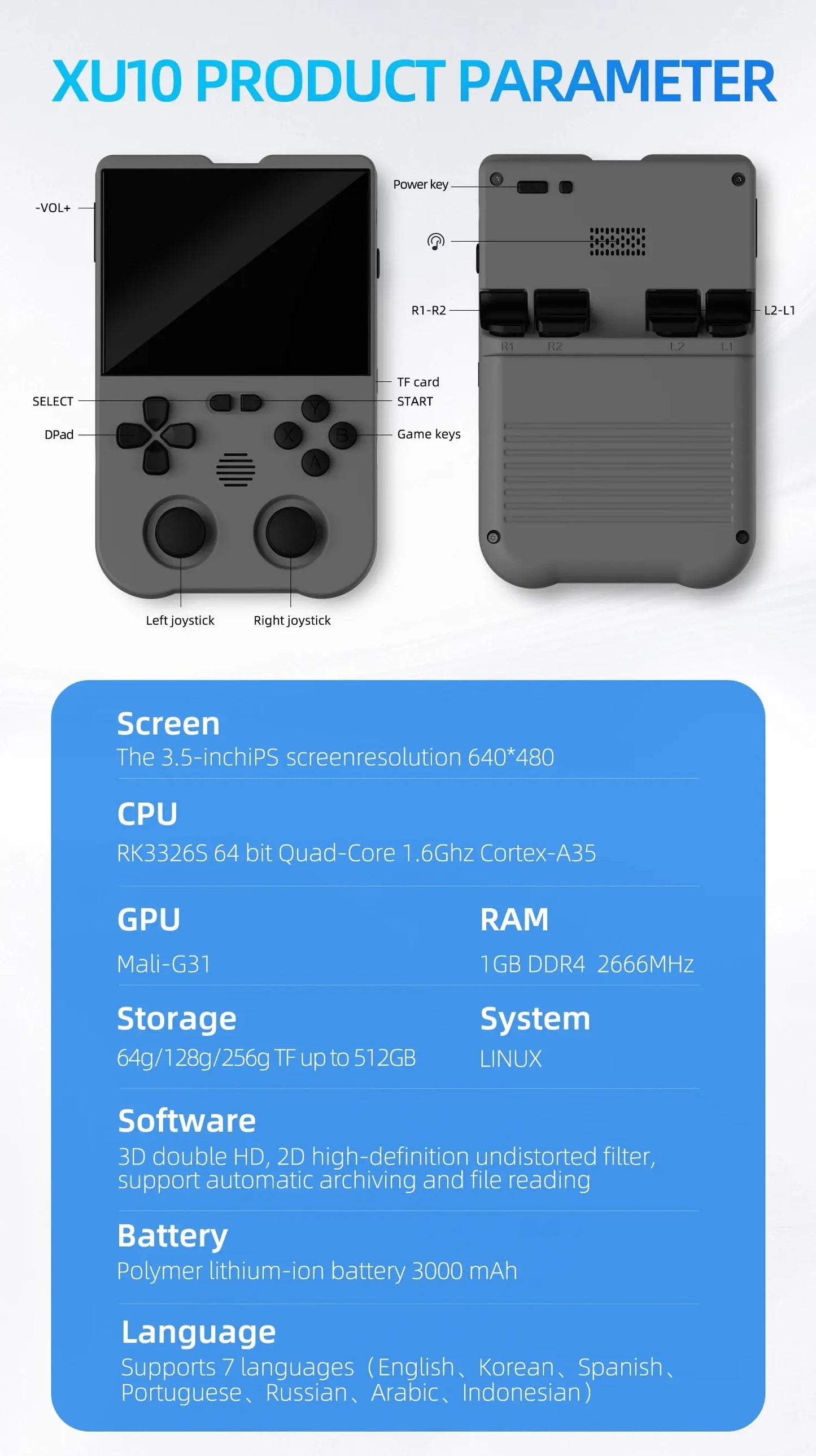 Ampown XU10 Handheld Game Console 3.5" IPS Screen 3000mAh Battery Linux System Built-in Retro Games Portable Video Game Console Ai-TechWorld 