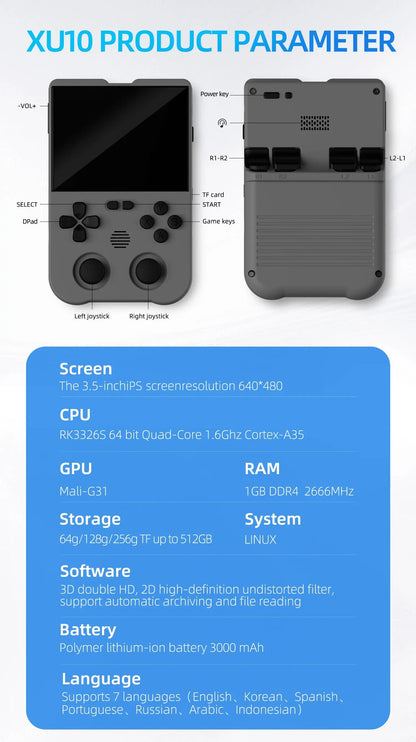 Ampown XU10 Handheld Game Console 3.5" IPS Screen 3000mAh Battery Linux System Built-in Retro Games Portable Video Game Console Ai-TechWorld 