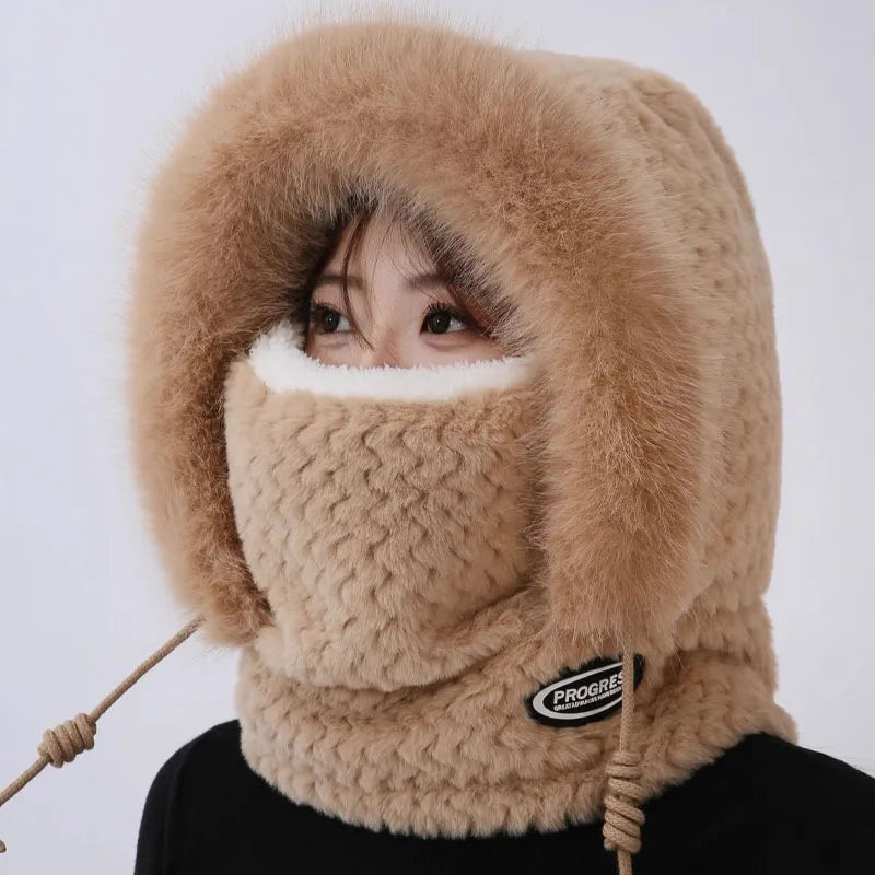 Autumn and Winter Women Thermal Plush Hat Hood Scarf and Mask Ear Protection Windproof Thick Design for Riding Outdoor Ai-TechWorld 