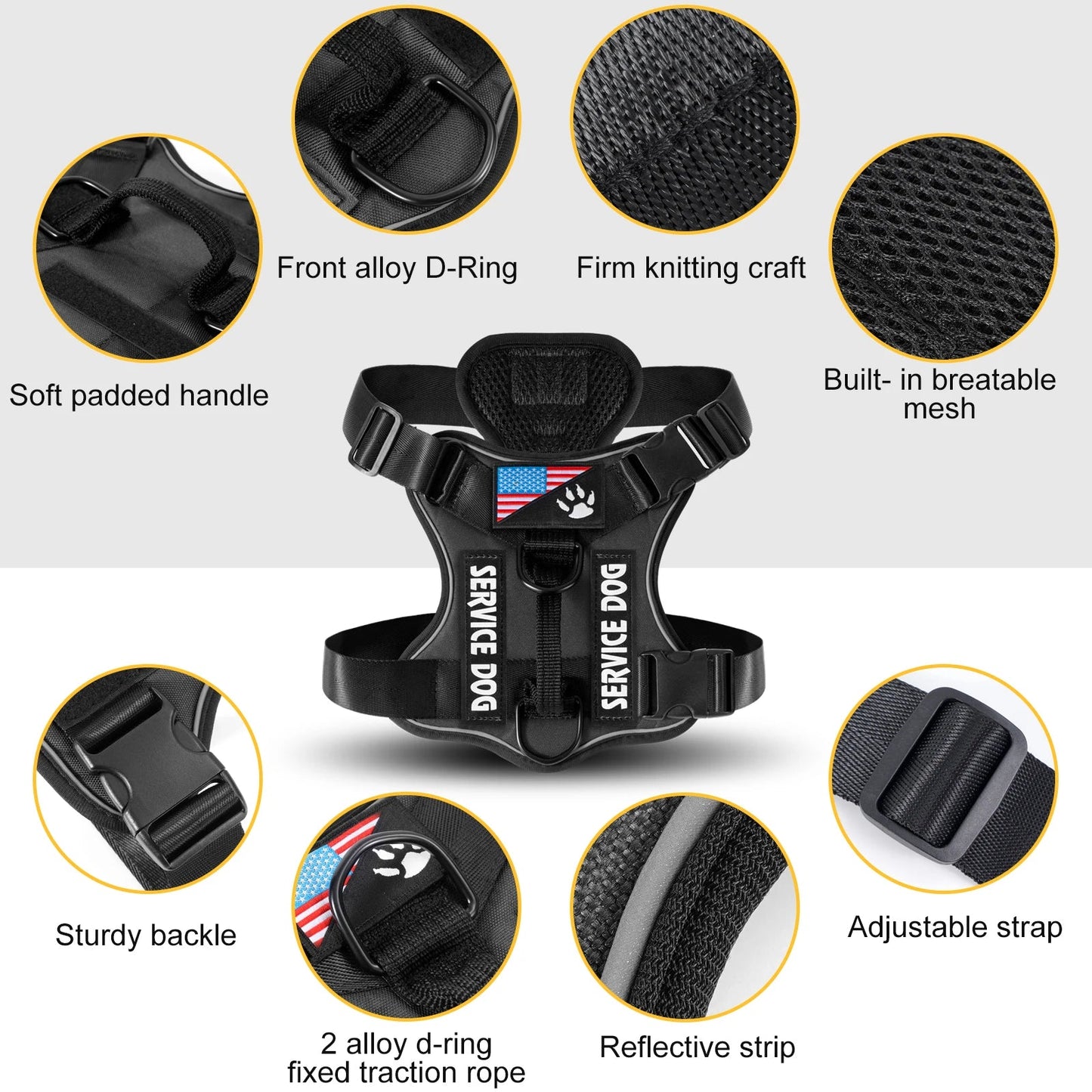 Service Dog Harness, Reflective Dog Vest Harness with 5 PCS Patches, Adjustable Soft Oxford Pet Harness, Inner Layer Mesh, Easy Ai-TechWorld 