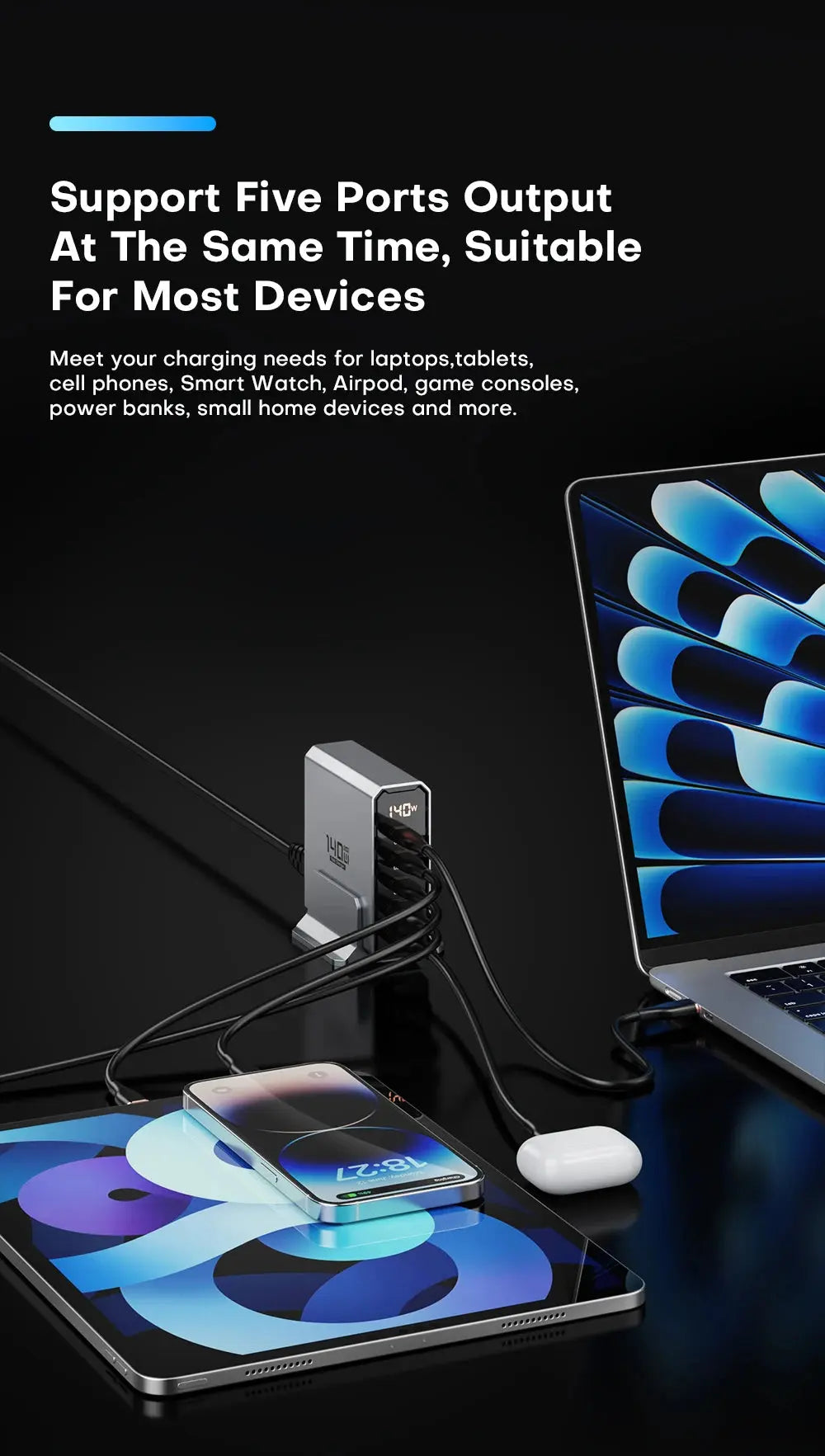 ASOMETECH 140W GaN USB Type C Fast Charger Multiple Ports QC4.0 PD Quick Charger For Macbook Laptop Tablet iPhone 14 Samsung S23 Ai-TechWorld 