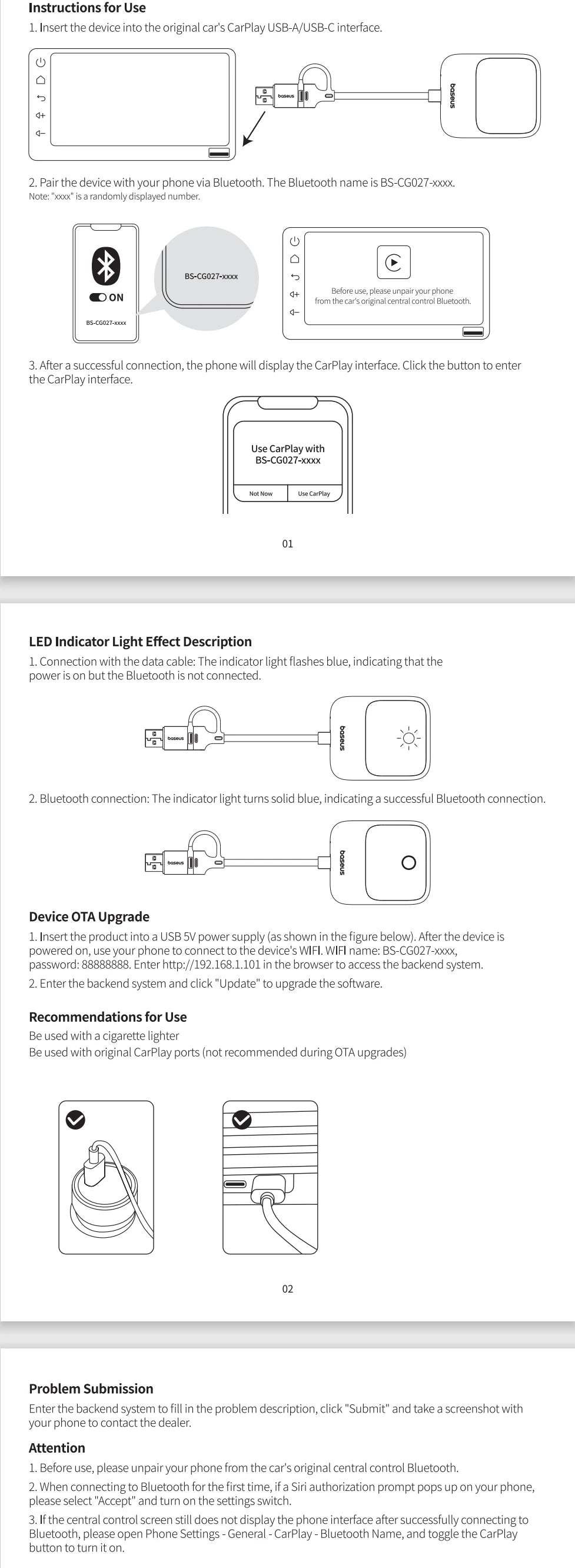 Baseus Wireless CarPlay Wired to Wireless CarPlay Adapter Auto Connect Car Intelligent Systems Plug&Play Bluetooth Smart CarPlay Ai-TechWorld 