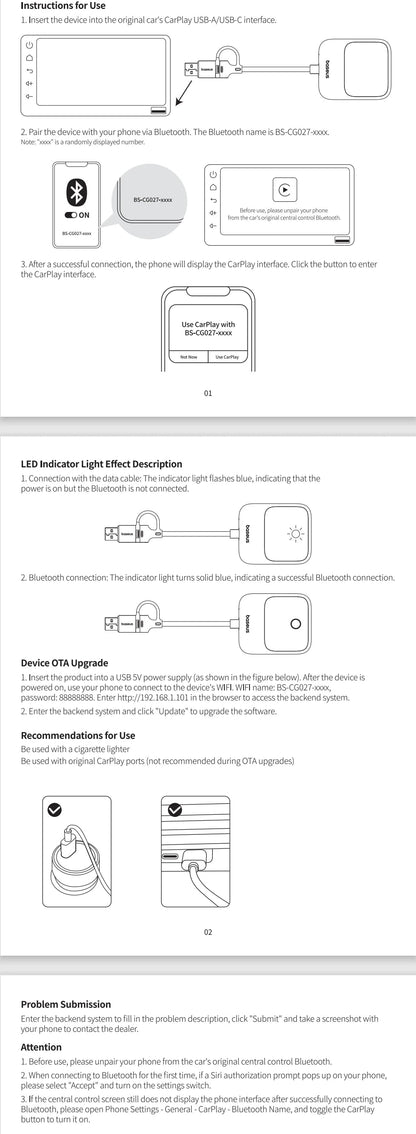 Baseus Wireless CarPlay Wired to Wireless CarPlay Adapter Auto Connect Car Intelligent Systems Plug&Play Bluetooth Smart CarPlay Ai-TechWorld 
