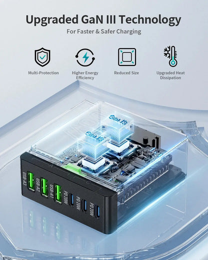 100W 6-Port GaN Quick Charge Hub - PD 3.0 Type C and USB A Charging Case - for Cell Phone Tablet Laptop Ai-TechWorld 