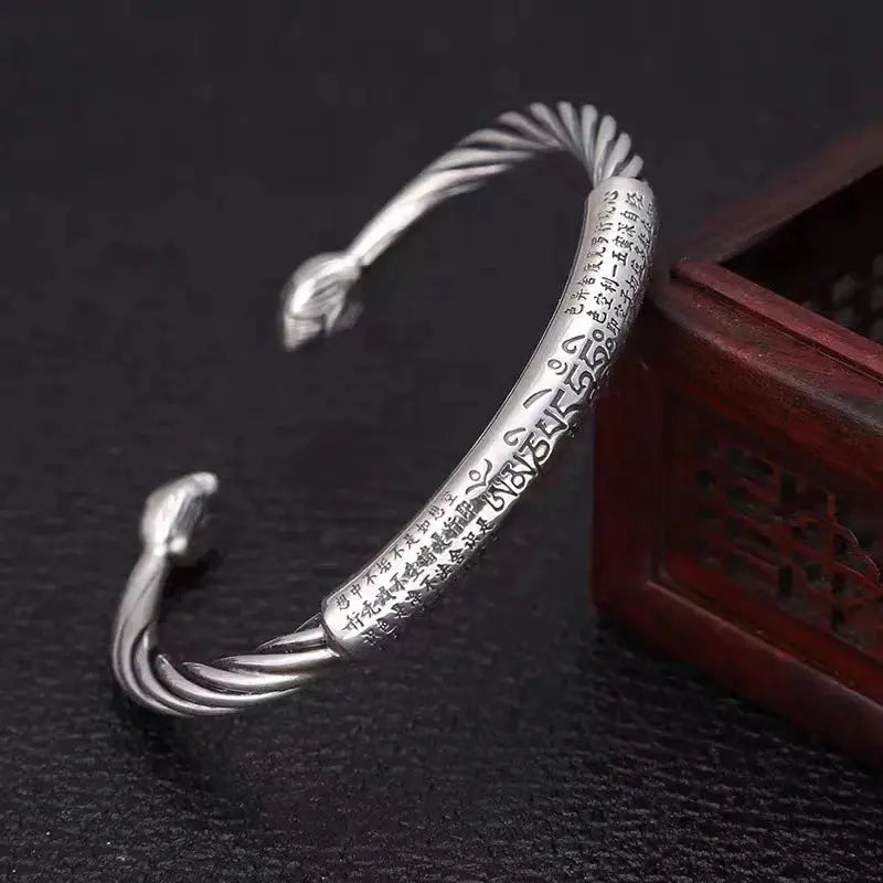 Retro Tibetan Six-Character Mantra Bracelet Scripture Lotus Opening Silver Plated Bracelet Twisted Line Men\\\'s Cuff Bracelet Ai-TechWorld 