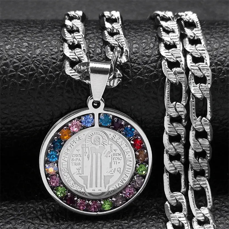 Colorful Crystal Saint Benedict Medal Necklace Women Men Stainless Steel Gold Color Chain Necklaces Jewelry San Benito N8391S05 Ai-TechWorld 