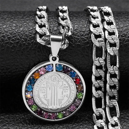 Colorful Crystal Saint Benedict Medal Necklace Women Men Stainless Steel Gold Color Chain Necklaces Jewelry San Benito N8391S05 Ai-TechWorld 