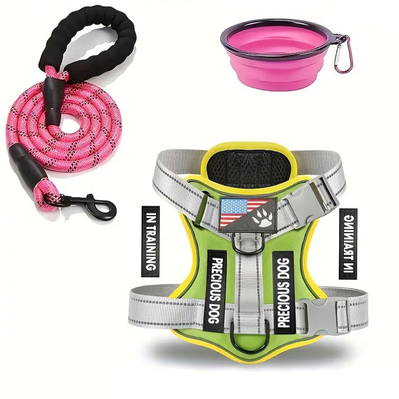 Service Dog Harness & Leash Set with 1pc Folding Bowl Reflective Adjustable Dog Vest Harness Soft Oxford Pet Harness For Small M Ai-TechWorld 