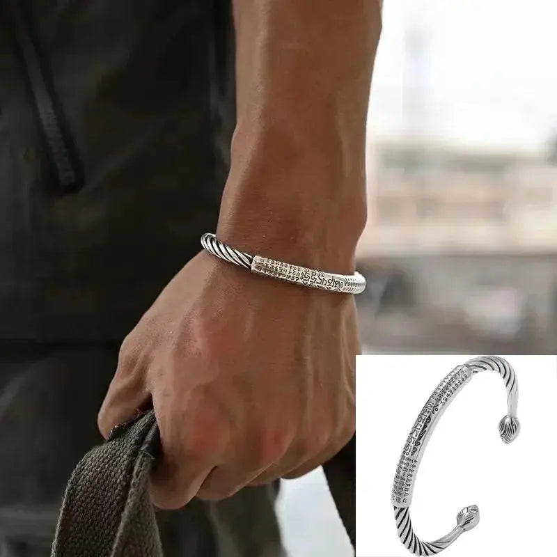 Retro Tibetan Six-Character Mantra Bracelet Scripture Lotus Opening Silver Plated Bracelet Twisted Line Men\\\'s Cuff Bracelet Ai-TechWorld 