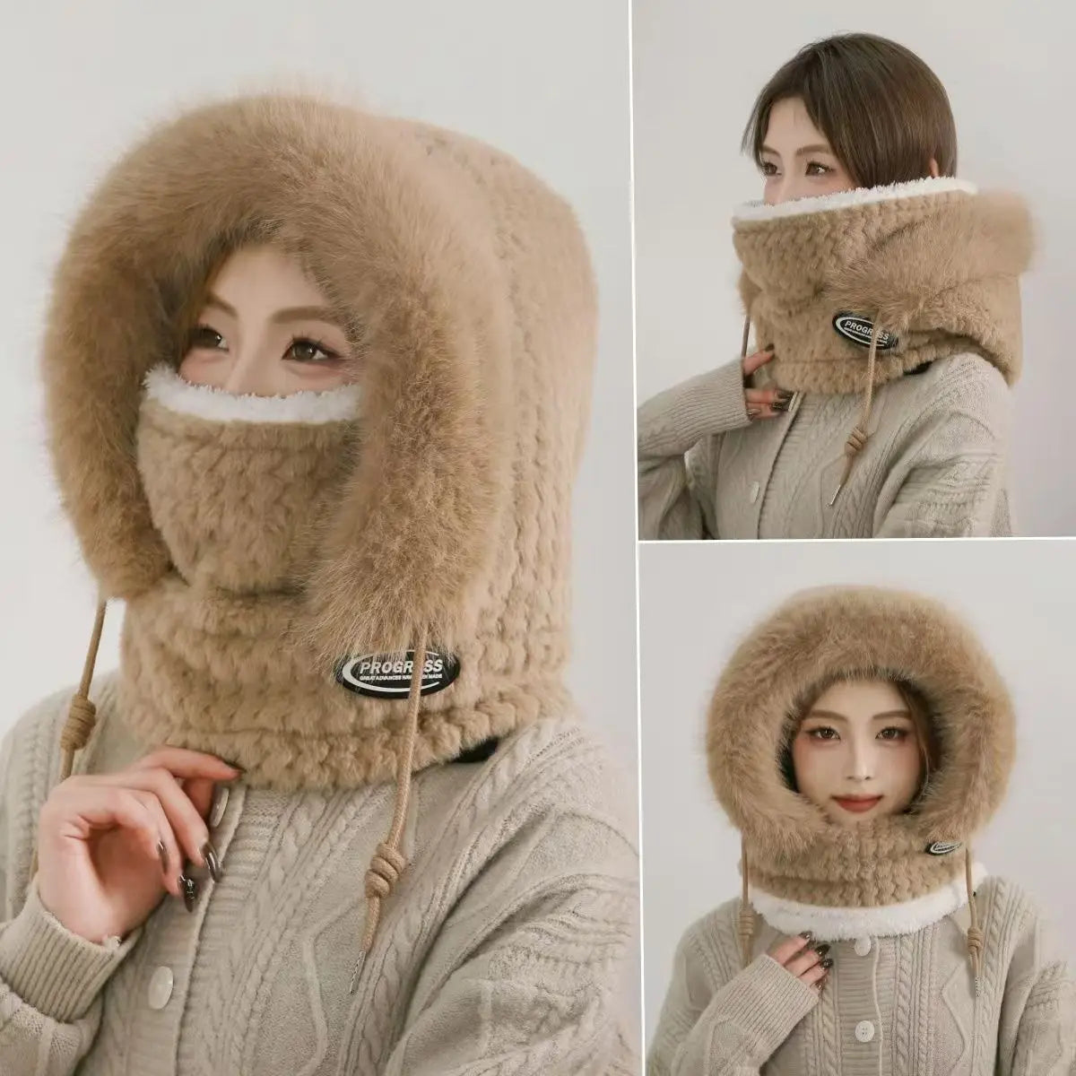 Autumn and Winter Women Thermal Plush Hat Hood Scarf and Mask Ear Protection Windproof Thick Design for Riding Outdoor Ai-TechWorld 