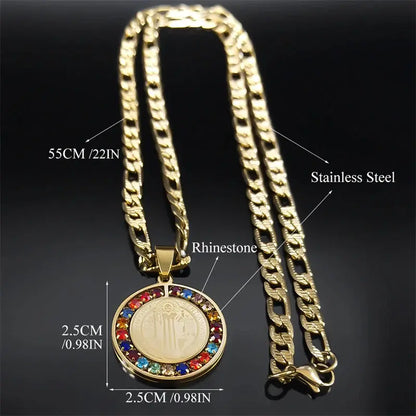 Colorful Crystal Saint Benedict Medal Necklace Women Men Stainless Steel Gold Color Chain Necklaces Jewelry San Benito N8391S05 Ai-TechWorld 
