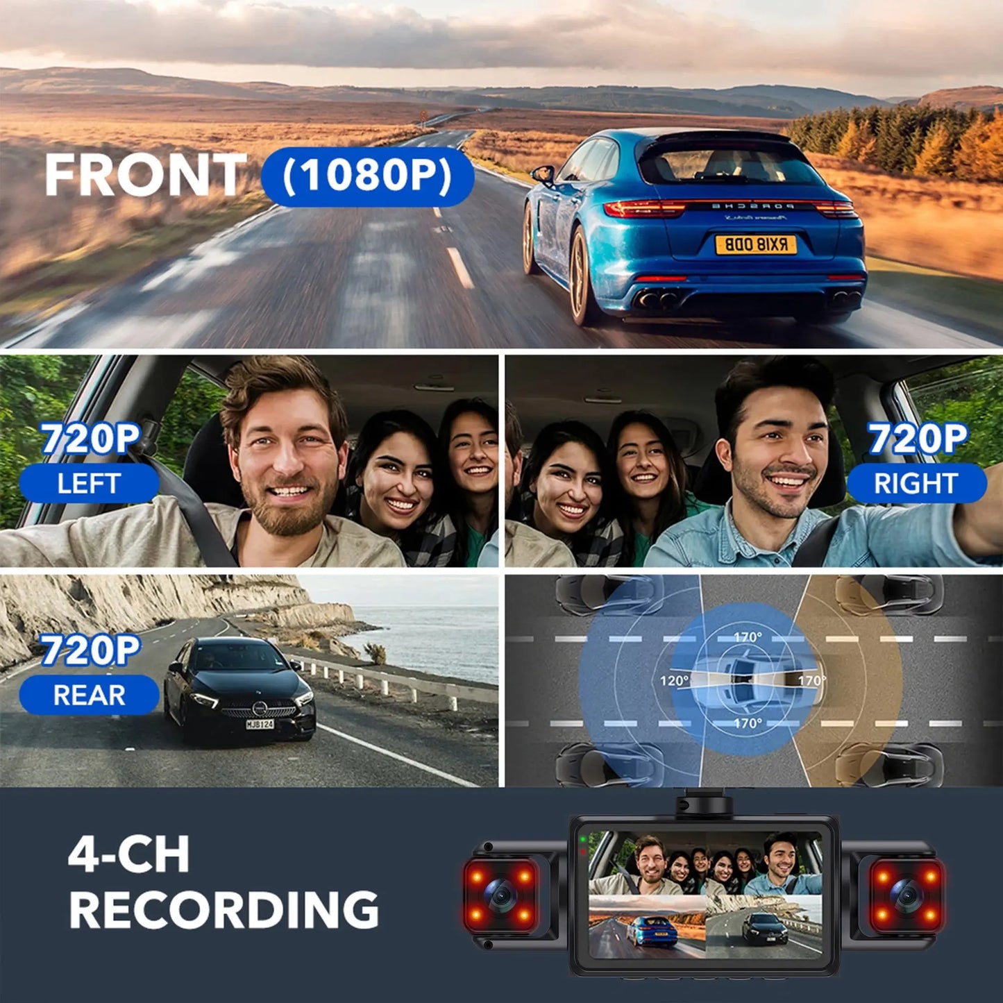 Car Dash Cam 4 Channel Black Box WiFi Driving Camera FHD 1080P Front Left Right Rear Night Vision Loop Recording add Hardwirekit Ai-TechWorld 