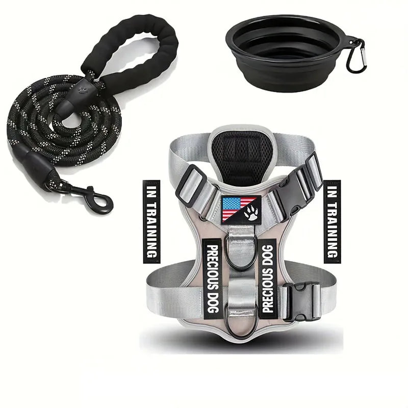 Service Dog Harness & Leash Set with 1pc Folding Bowl Reflective Adjustable Dog Vest Harness Soft Oxford Pet Harness For Small M Ai-TechWorld 