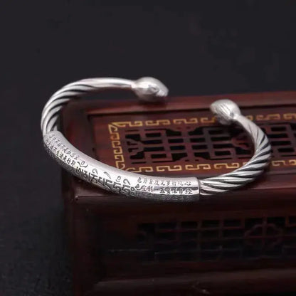 Retro Tibetan Six-Character Mantra Bracelet Scripture Lotus Opening Silver Plated Bracelet Twisted Line Men\\\'s Cuff Bracelet Ai-TechWorld 