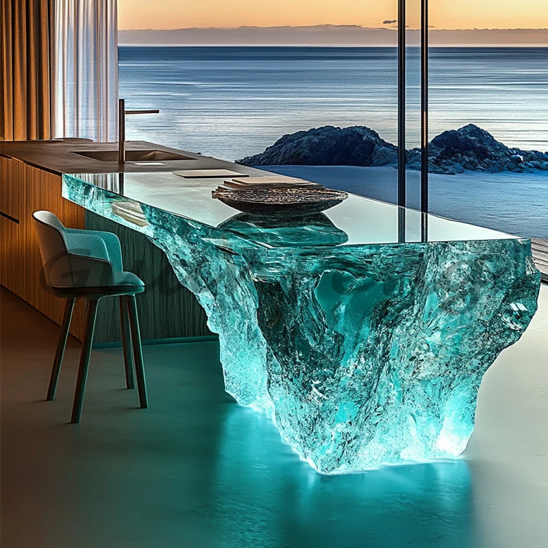 Premium Light Luxury Transparent Resin Hotel Front Desk Restaurant Villa Kitchen Partition Luminous Crystal Glacier Island Table Ai-TechWorld 