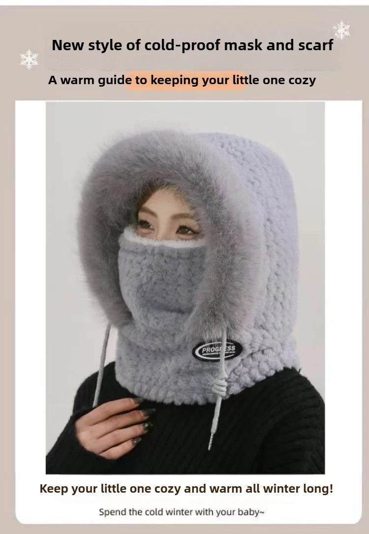 Autumn and Winter Women Thermal Plush Hat Hood Scarf and Mask Ear Protection Windproof Thick Design for Riding Outdoor Ai-TechWorld 