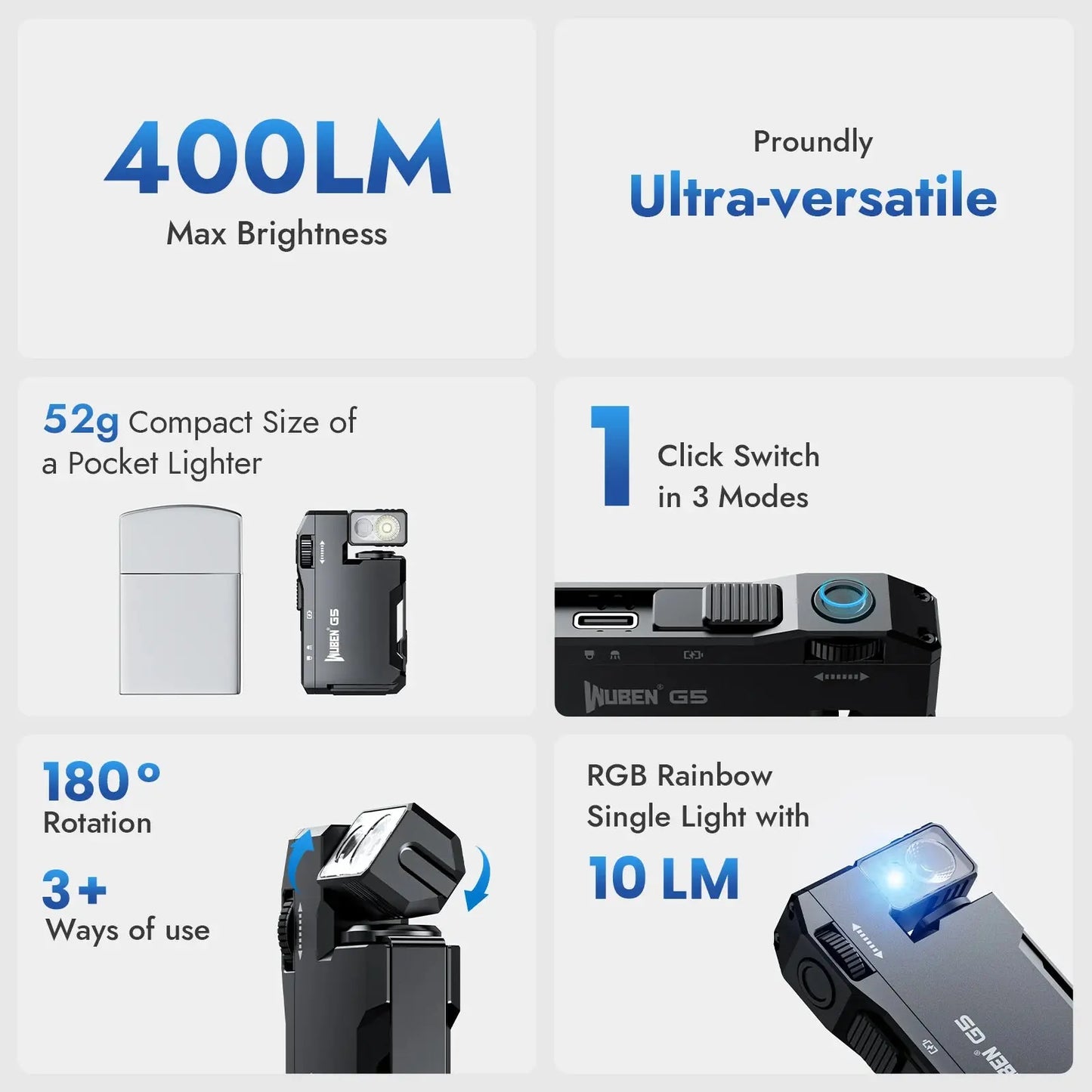 WUBEN G5 Rechargeable EDC Flashlight, 400 Lumens Dual Light Sources Mini Flashlight with RGB Light, Portable Pocket Flashlights Ai-TechWorld 