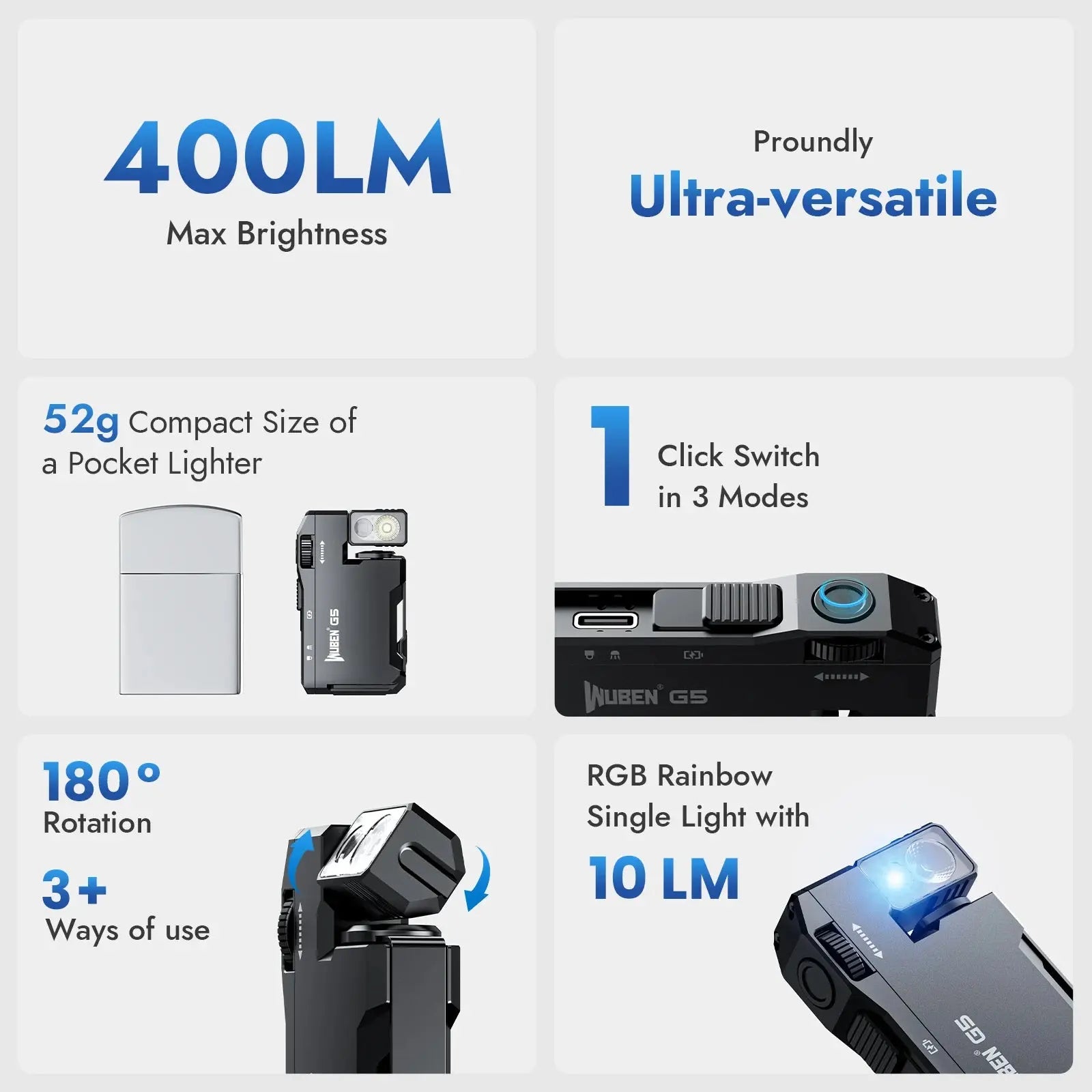 WUBEN G5 Rechargeable EDC Flashlight, 400 Lumens Dual Light Sources Mini Flashlight with RGB Light, Portable Pocket Flashlights Ai-TechWorld 
