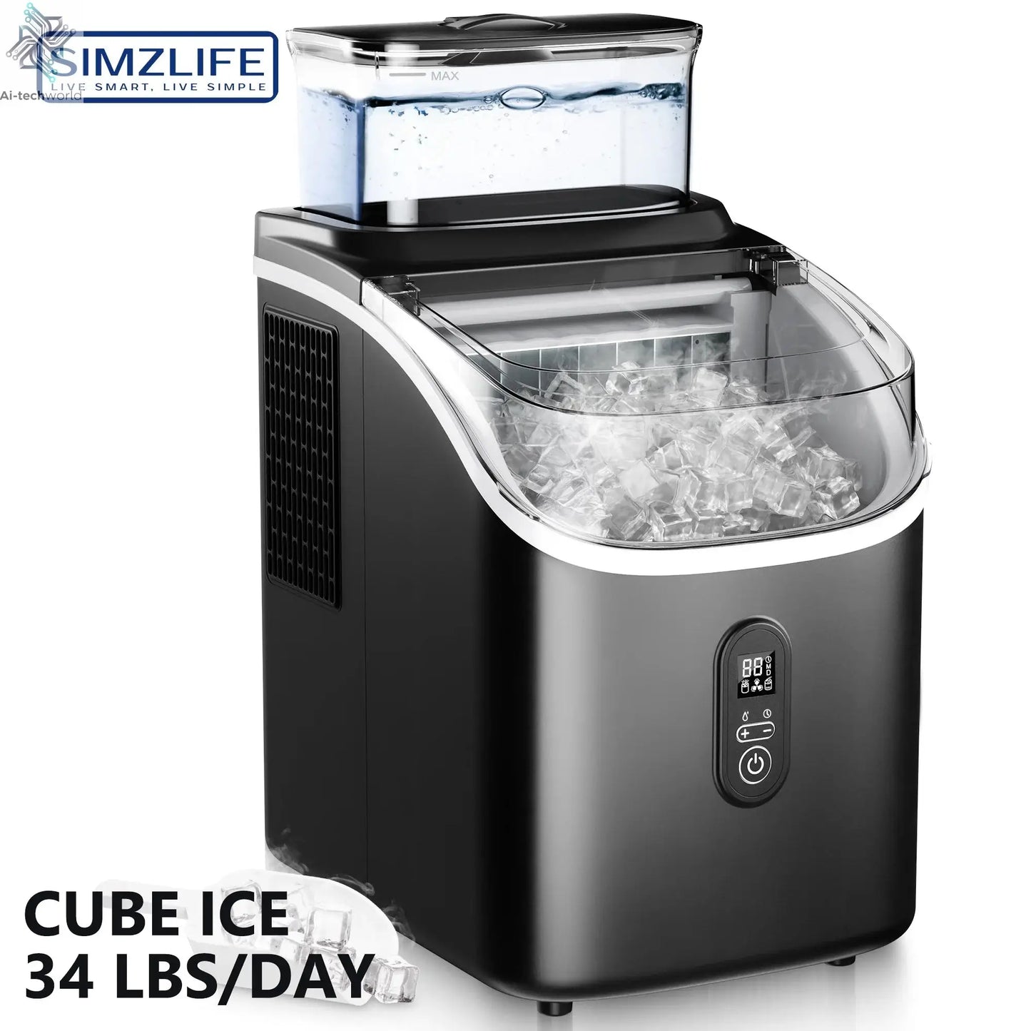 SIMZLIFE Ice Cube Maker Machine with External Water Tank 34Lbs, 16Pcs Ready in 13 Mins Auto-Cleaning for Home Kitchen Office Bar - Ai-TechWorld