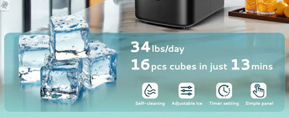 SIMZLIFE Ice Cube Maker Machine with External Water Tank 34Lbs, 16Pcs Ready in 13 Mins Auto-Cleaning for Home Kitchen Office Bar - Ai-TechWorld