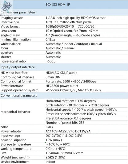 SMTAV 1080P 4K SDI PTZ Camera 10X 20X Zoom HDMI IP Live Streaming Camera Support POE Conference Camera for Church Meeting - Ai - TechWorld