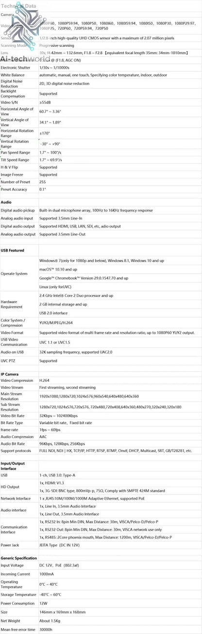SMTAV New AI Tracking Camera POE NDI SDI PTZ Camera 30x + 8x Zoom Live Streaming Camera NDI HX 4.5 for Church Business Meeting - Ai - TechWorld