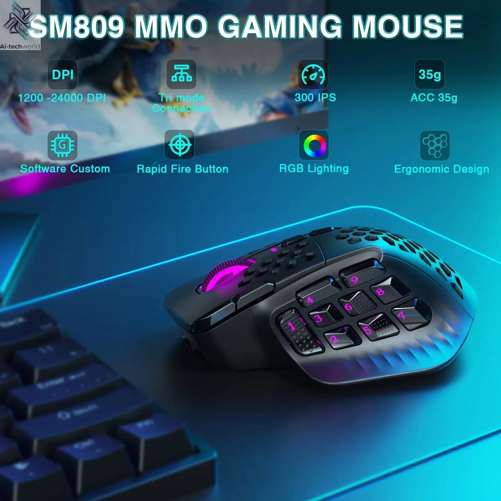 SOLAKAKA SM809 Pro Wireless MMO Gaming Mouse PAW3311 16 Side Buttons 24000 DPI RGB Honeycomb Programmable Macro Wireless mouse Ai-TechWorld 