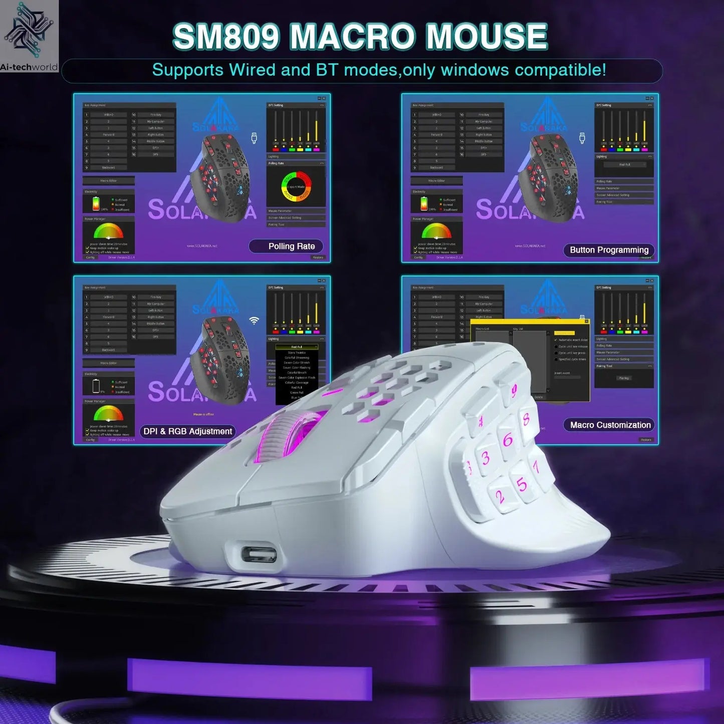 SOLAKAKA SM809 Pro Wireless MMO Gaming Mouse PAW3311 16 Side Buttons 24000 DPI RGB Honeycomb Programmable Macro Wireless mouse Ai-TechWorld 