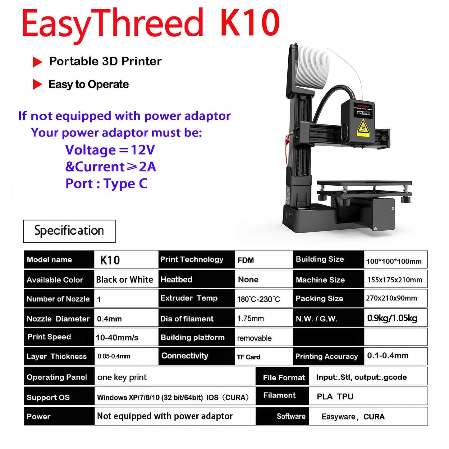 EasyThreed 3D Printer  Entry Level  Compatible with PLA TPU 1.75mm Filament  include Power Adaptor. Ai-TechWorld 