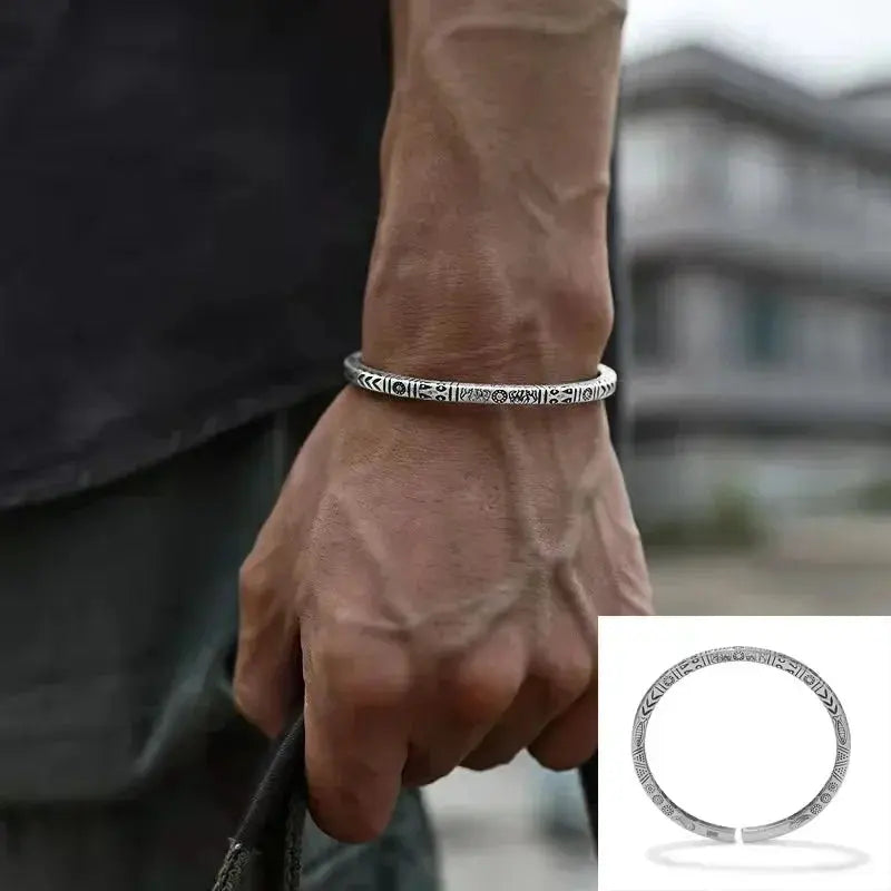 Retro Tibetan Six-Character Mantra Bracelet Scripture Lotus Opening Silver Plated Bracelet Twisted Line Men\\\'s Cuff Bracelet Ai-TechWorld 