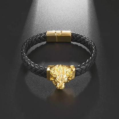 Domineering Lion Head Animal Hand-Woven Single-Layer Leather Magnetic Bracelet Hip-Hop Men's Trendy Jewelry Ai-TechWorld 